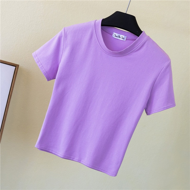 Crop Top Female Solid Cotton O-Neck Short Sleeve T-Shirt