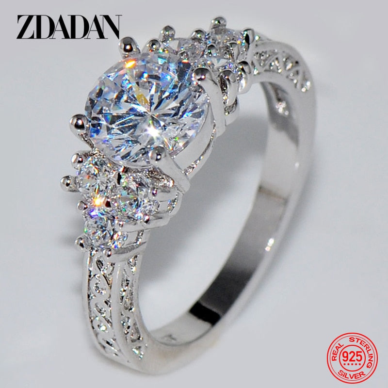 ZDADAN 925 Sterling Silver 8MM Zircon Finger Ring