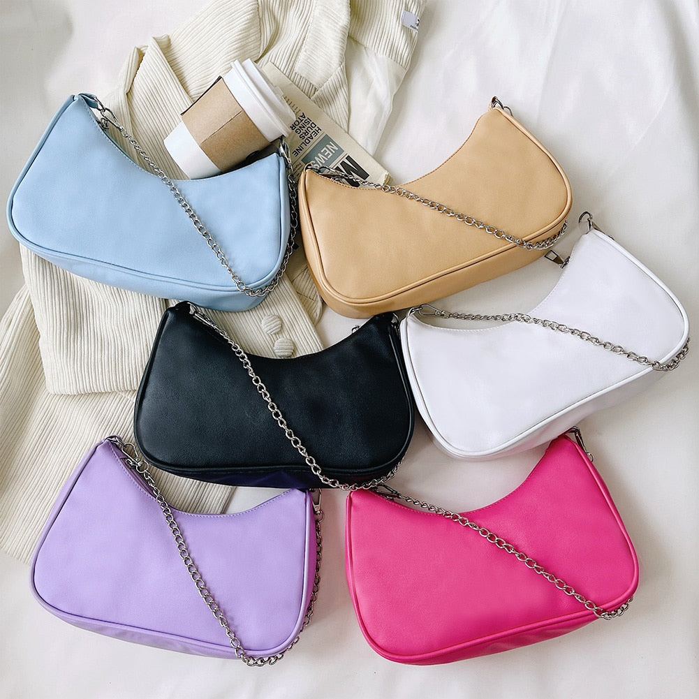 Women's Bag PU Leather 2021 New Solid Color Armpit Underarm Shoulder Bags for Women Casual Ladies Chain Shopper Handbags Purse