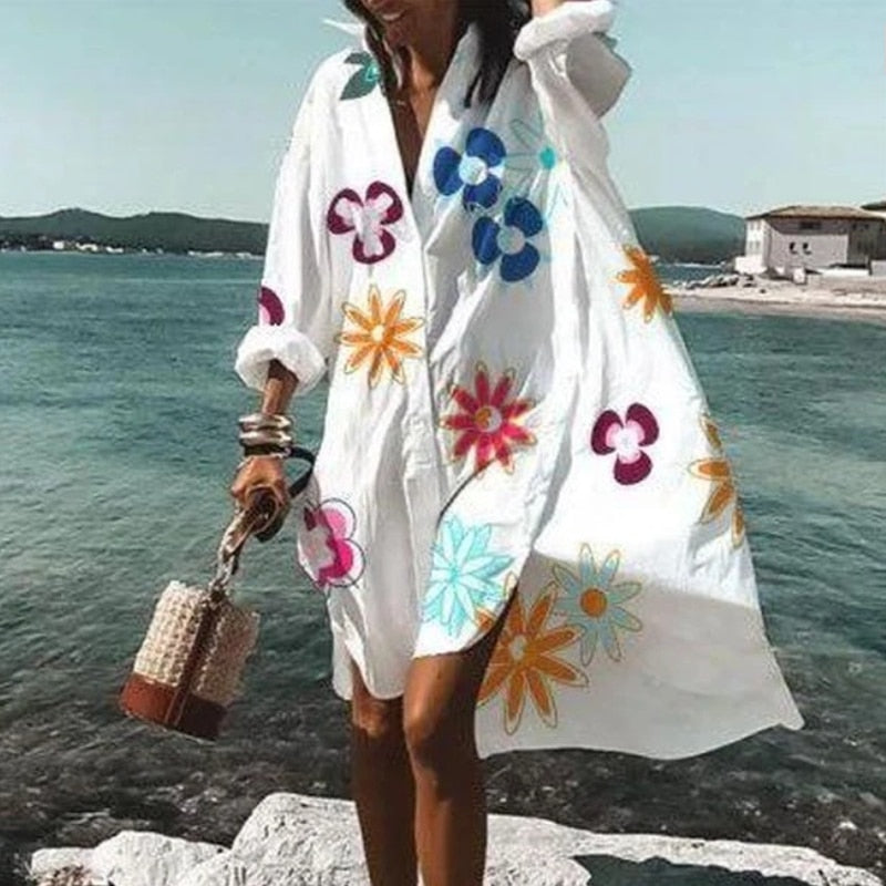Summer Women Dresses Turn-down Collar Print Casual Long Sleeve Shirt Dress Oversized Loose Beach