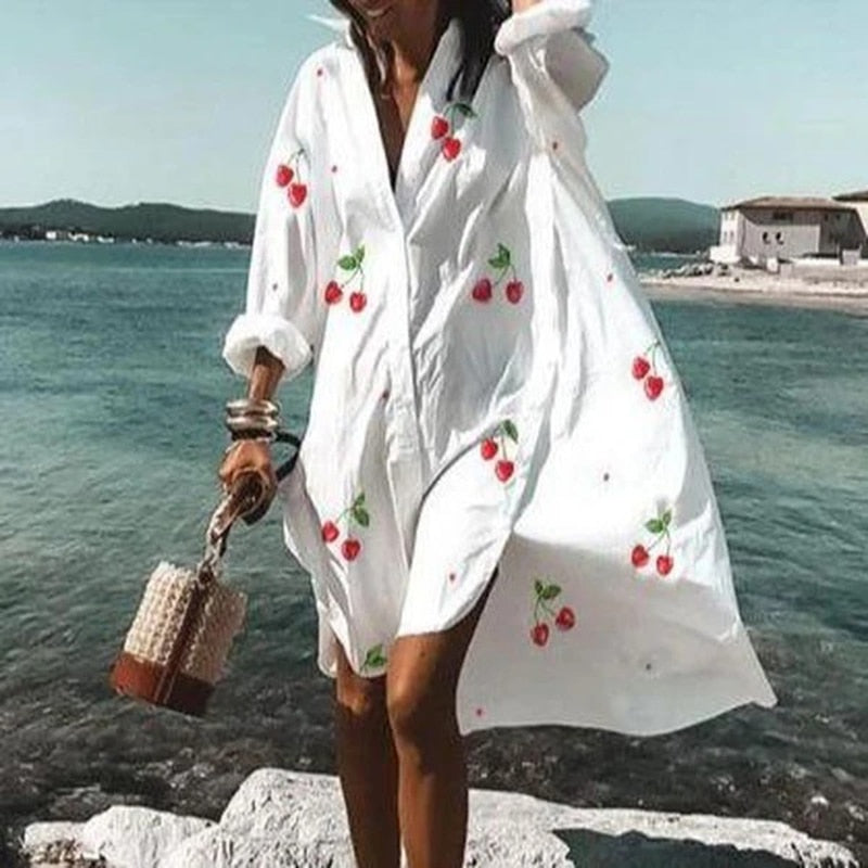 Summer Women Dresses Turn-down Collar Print Casual Long Sleeve Shirt Dress Oversized Loose Beach