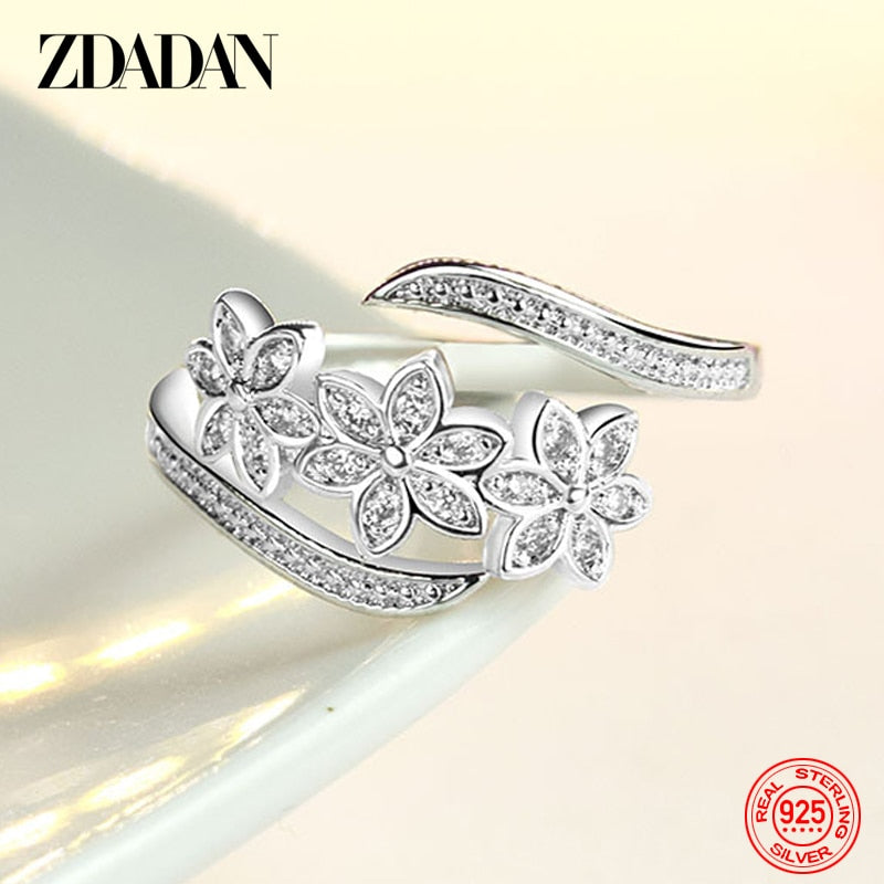 925 Sterling Silver Fashion Adjustable Open CZ Flowers Ring
