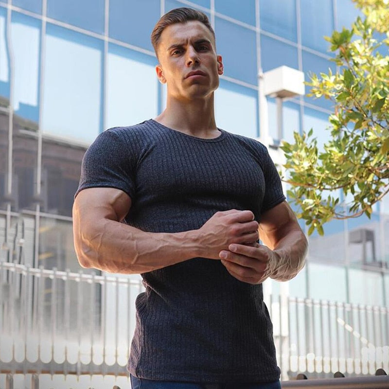 Men V Neck Short Sleeve T Shirt Fitness Slim Fit Sports Strips T-shirt
