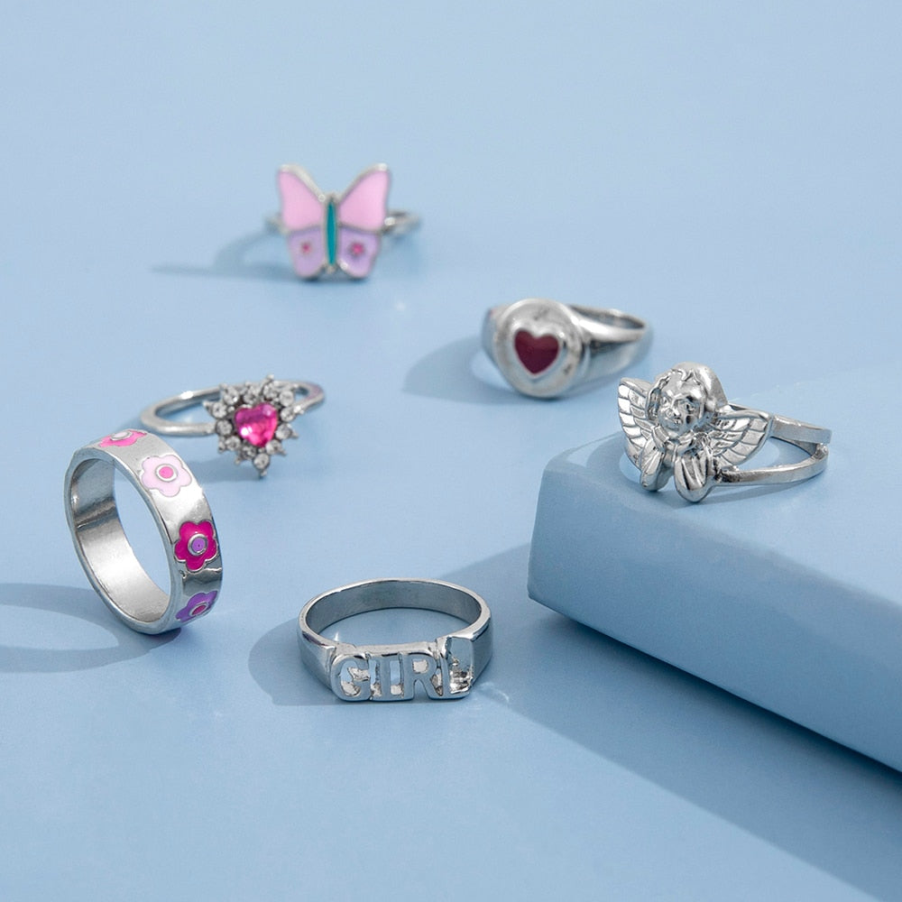 Aprilwell Cute Pink Butterfly Ring Set for Women