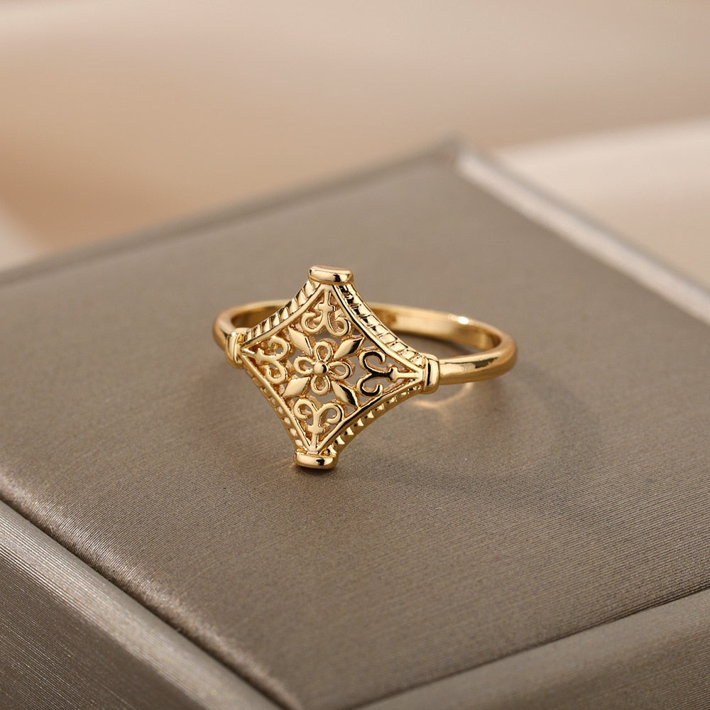 Vintage Hollow Flower Stainless Steel Gold Color Ring