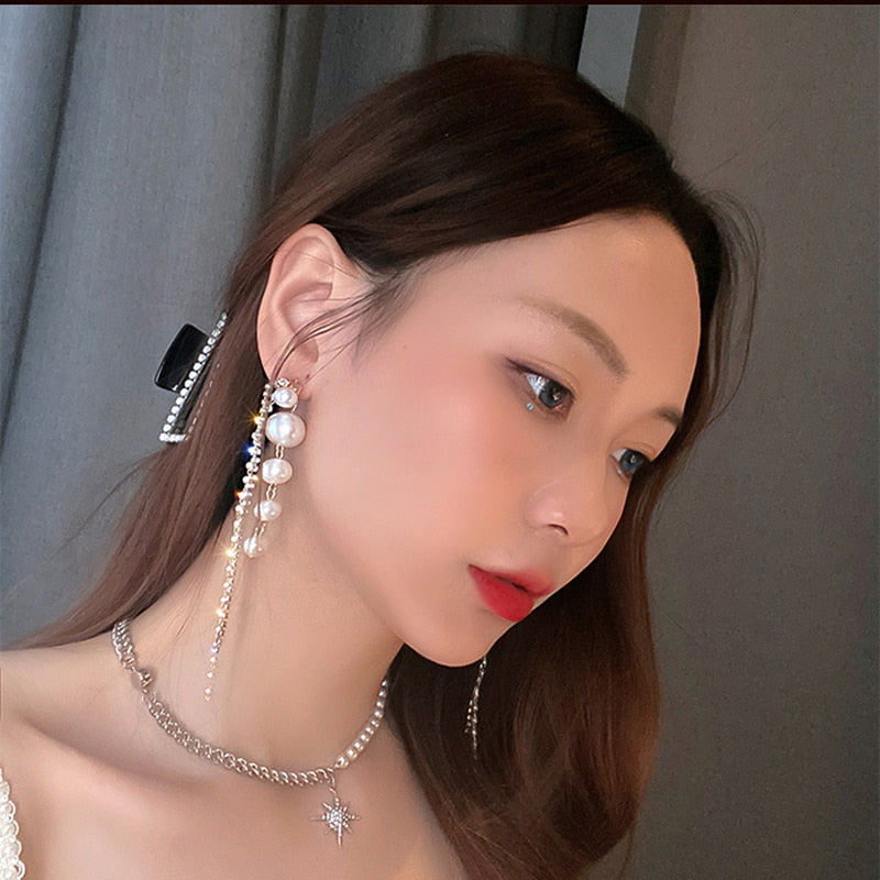 LFashion Full Crystal Simulated Pearl Tassel Drop Earring