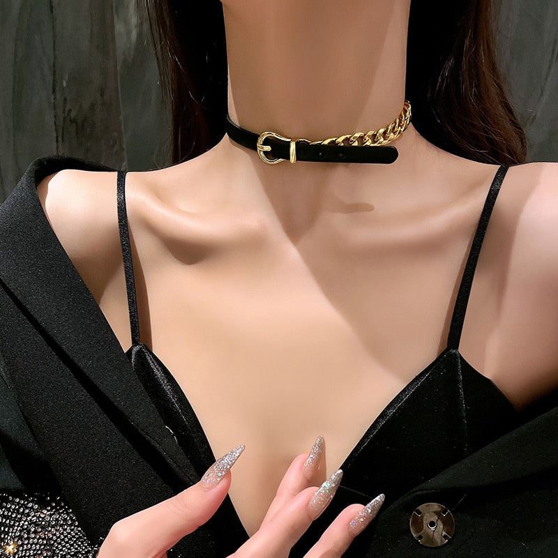 Amorcome Women Punk PU Leather Choker Chain Collar Necklace