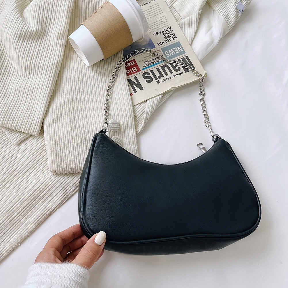 PU Leather Solid Color Chain Shopper Shoulder Bags