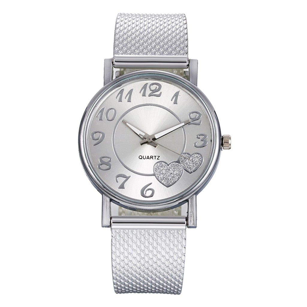 Fashion Women Silver Heart Dial Silicone Mesh Belt Wristwatch