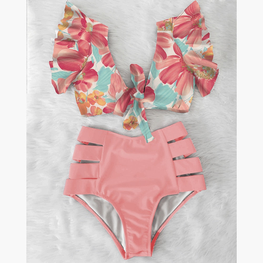 Floral Beachwear V-Neck High Waist Ruffled Sexy Bikini Set