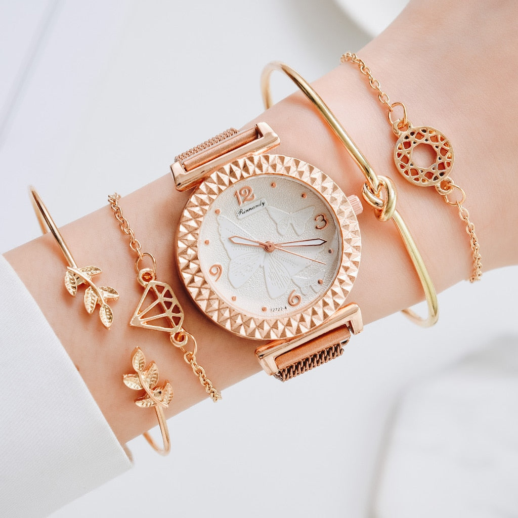 5PCS Women Set Luxury Rose Gold Dress Quartz Watch Bracelet