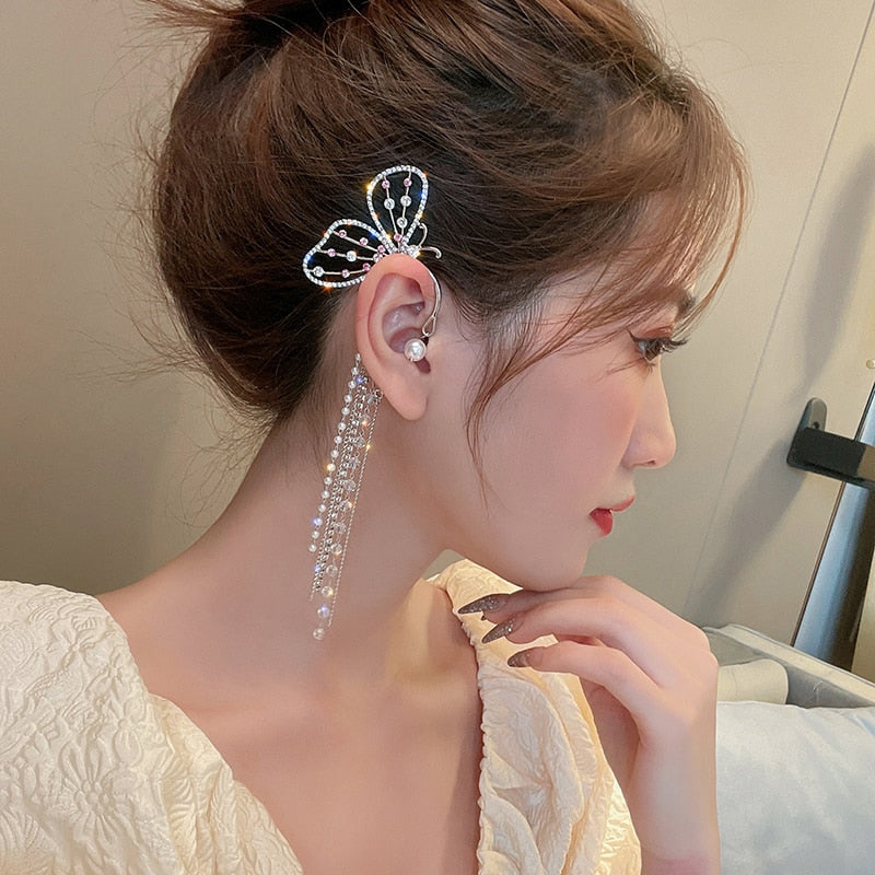 Luxury Shiny Crystal Rhinestone Long Tassel Ear Cuff Earing
