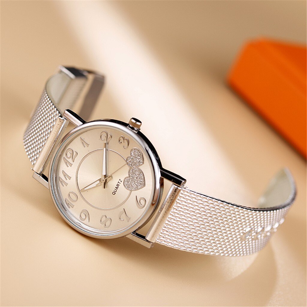Fashion Women Silver Heart Dial Silicone Mesh Belt Wristwatch