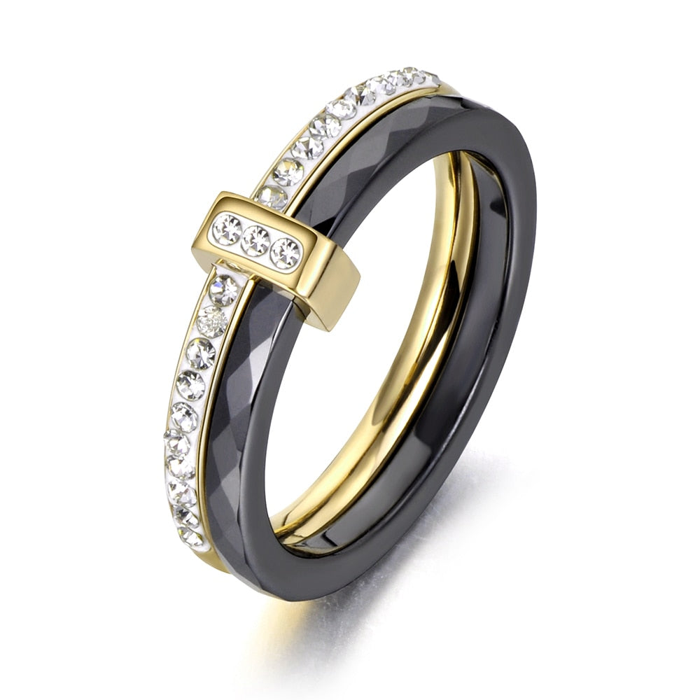 Black/White Ceramic Crystal Stainless Steel Wedding Ring