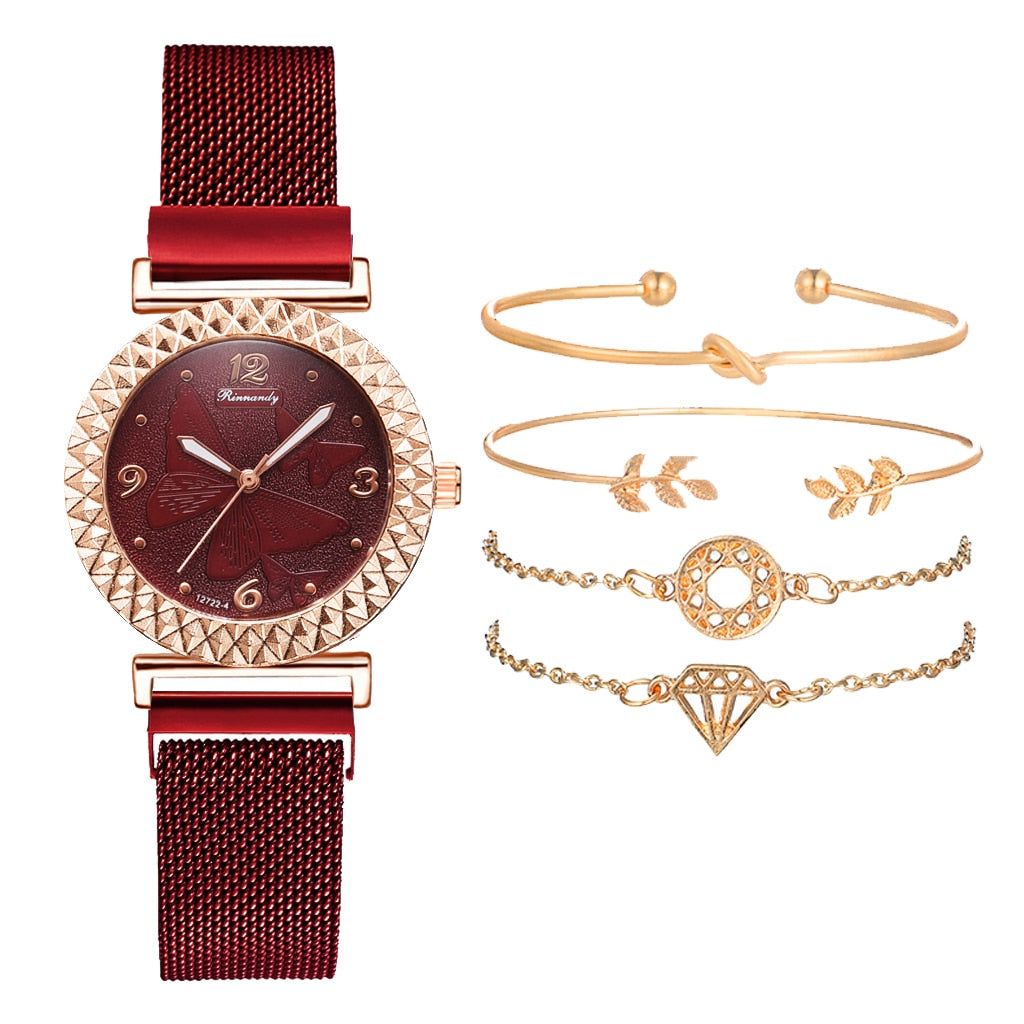 5PCS Women Set Luxury Rose Gold Dress Quartz Watch Bracelet