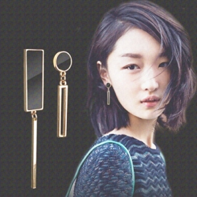 Long Statement Asymmetry Round Geometric Rectangle Black Crystal Earrings