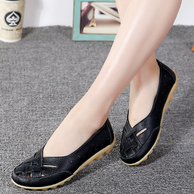 2019 Fashion Women Flats Breathable Casual Loafers Shoes Woman Genuine Leather Summer Shoes Flats With Hollow Out Ladies Flat