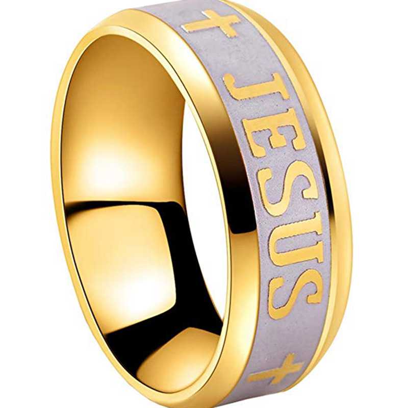 Stainless Steel Black Color Jesus Cross Letter Bible Ring