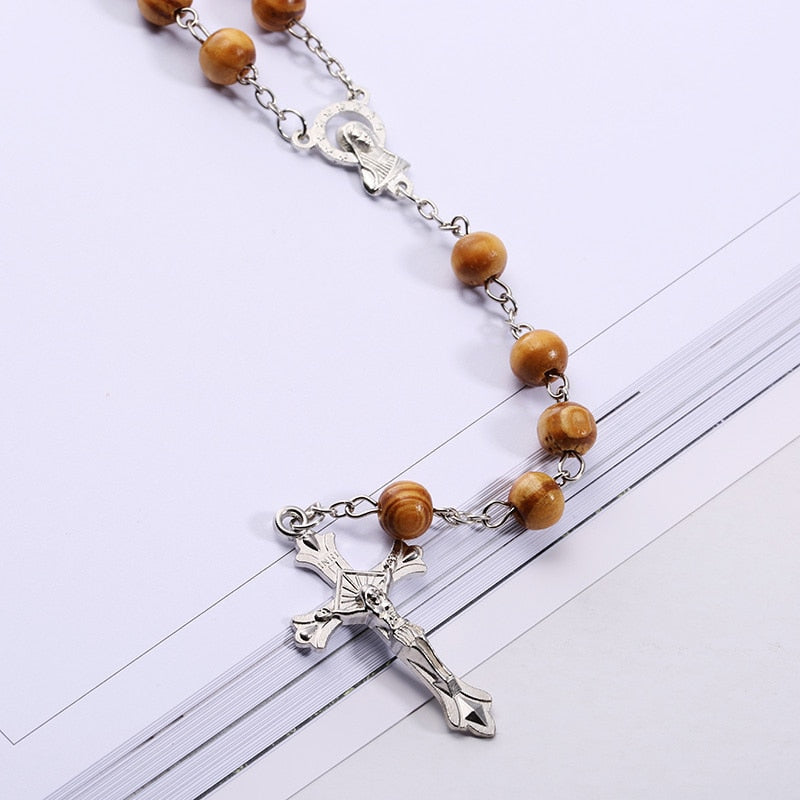 Rosary Wood Beads DIY Necklaces For Men Women Virgin Mary Jesus Christ Cross pendant