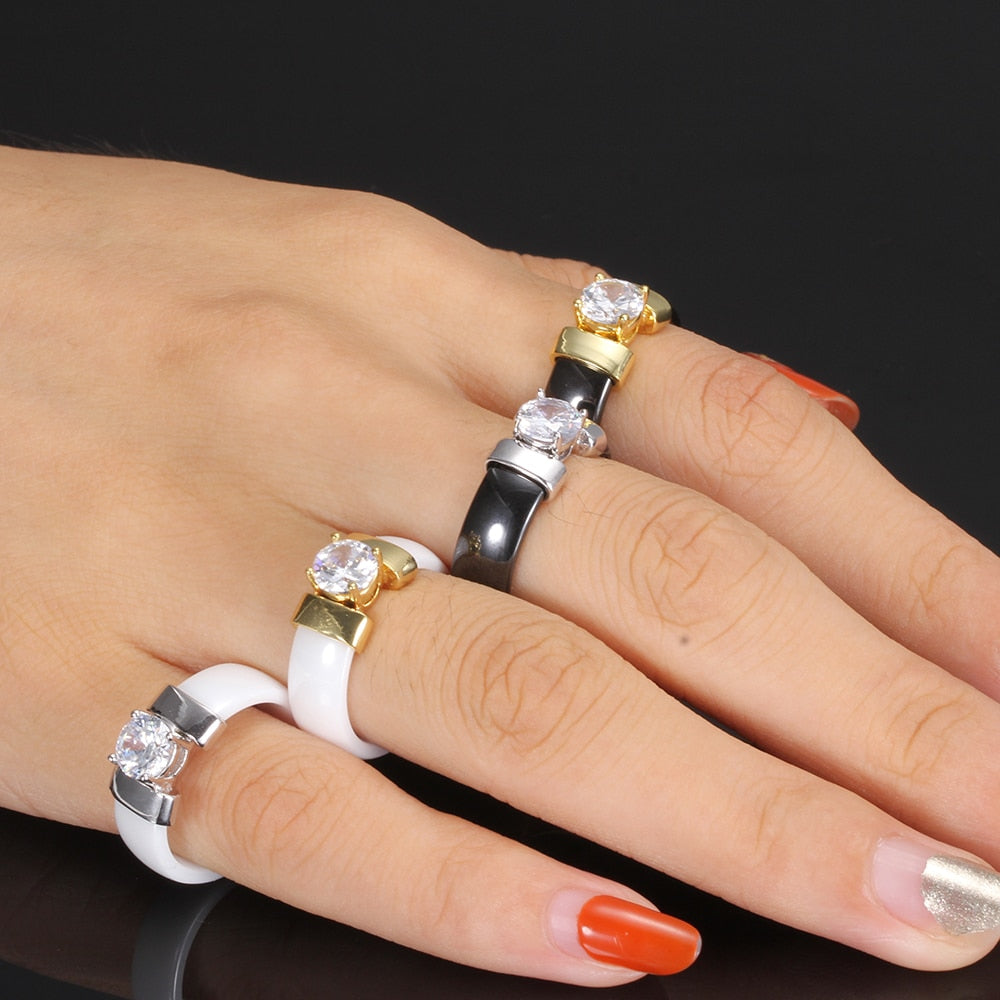 6mm White Black Ceramic Rings Plus Cubic Zirconia For Women