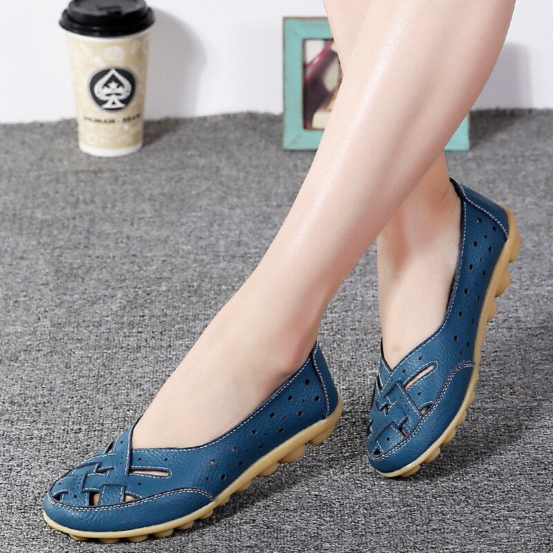 2019 Fashion Women Flats Breathable Casual Loafers Shoes Woman Genuine Leather Summer Shoes Flats With Hollow Out Ladies Flat