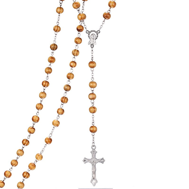 Rosary Wood Beads DIY Necklaces For Men Women Virgin Mary Jesus Christ Cross pendant