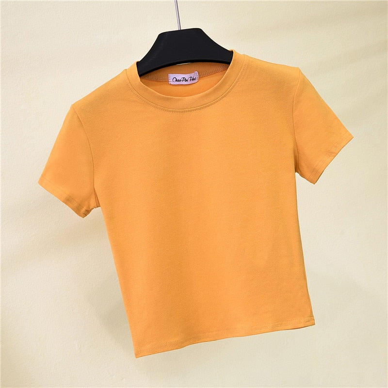 Crop Top Female Solid Cotton O-Neck Short Sleeve T-Shirt