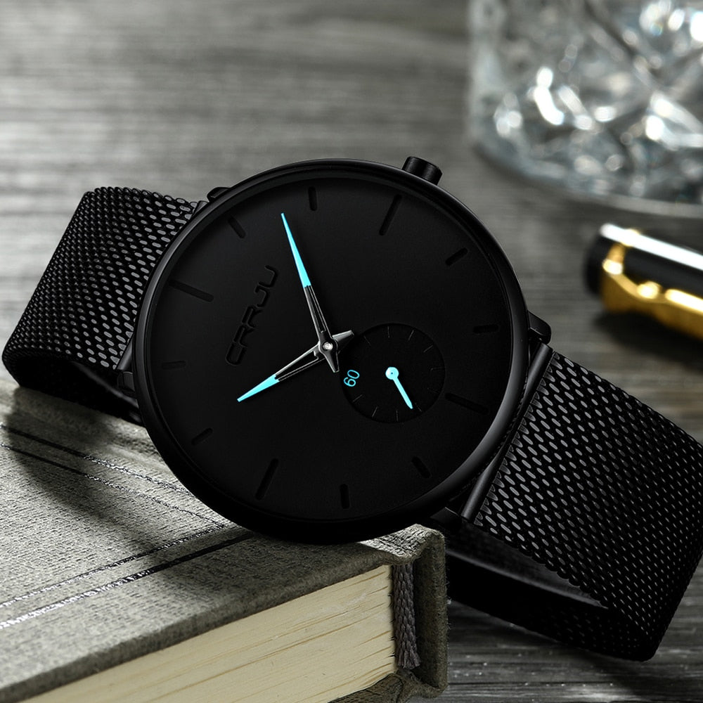CRRJU Fashion Luxury Slim Mesh Steel Waterproof Mens Watch