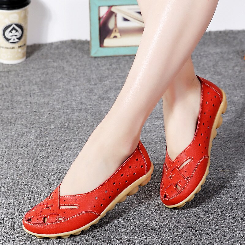 2019 Fashion Women Flats Breathable Casual Loafers Shoes Woman Genuine Leather Summer Shoes Flats With Hollow Out Ladies Flat