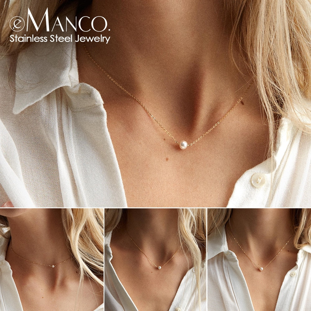 e-Manco Stainless Steel Choker imitated Pearl Layered ChainNecklace
