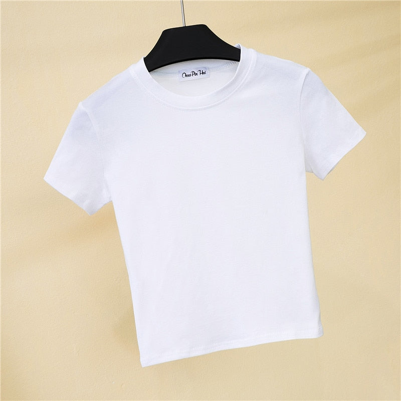 Crop Top Female Solid Cotton O-Neck Short Sleeve T-Shirt