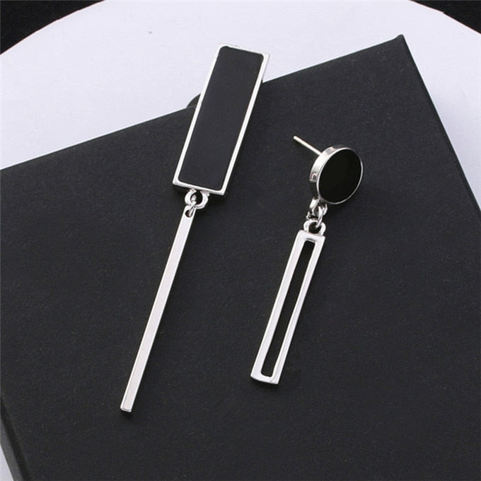 Long Statement Asymmetry Round Geometric Rectangle Black Crystal Earrings