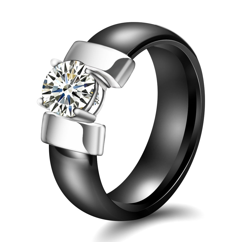 6mm White Black Ceramic Rings Plus Cubic Zirconia For Women