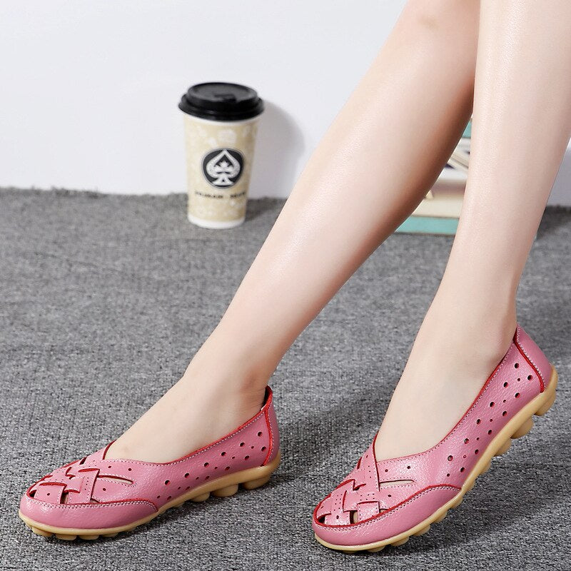 2019 Fashion Women Flats Breathable Casual Loafers Shoes Woman Genuine Leather Summer Shoes Flats With Hollow Out Ladies Flat