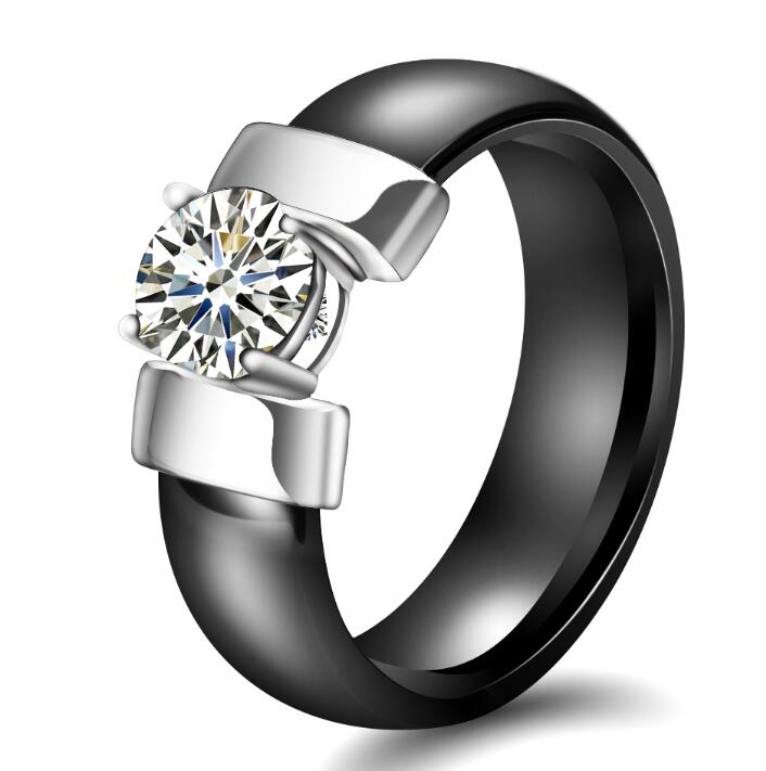6mm White Black Ceramic Rings Plus Cubic Zirconia For Women