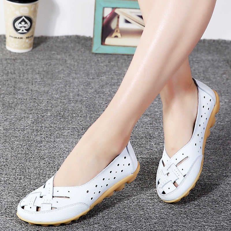 2019 Fashion Women Flats Breathable Casual Loafers Shoes Woman Genuine Leather Summer Shoes Flats With Hollow Out Ladies Flat