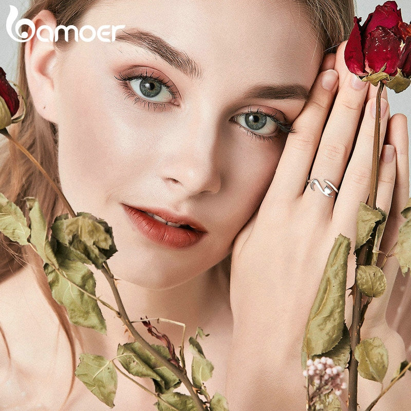 BAMOER 925 Sterling Silver Sticky Cat with Long Tail Finger Ring