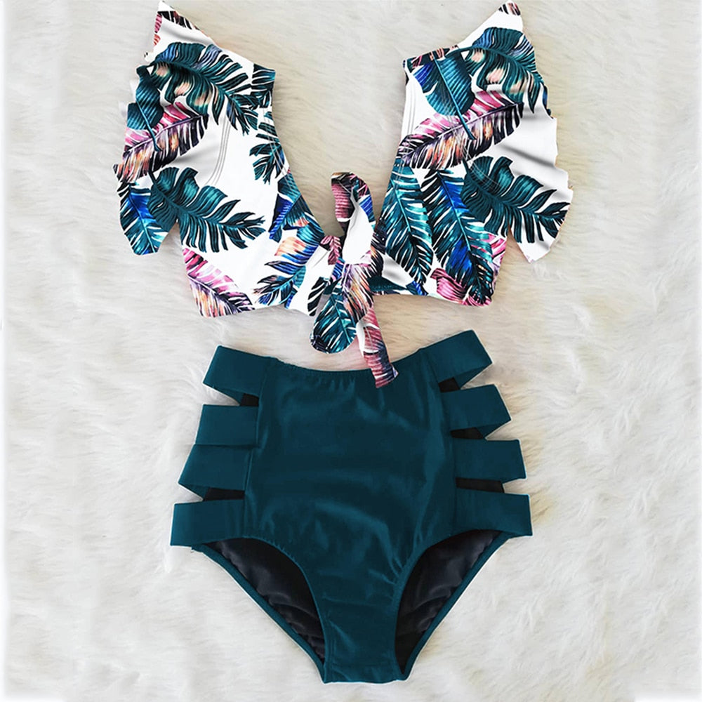 Floral Beachwear V-Neck High Waist Ruffled Sexy Bikini Set