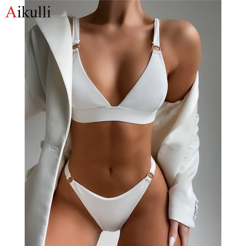 Sexy Ribbed Ring Push Up Bikinis Swimsuit Women