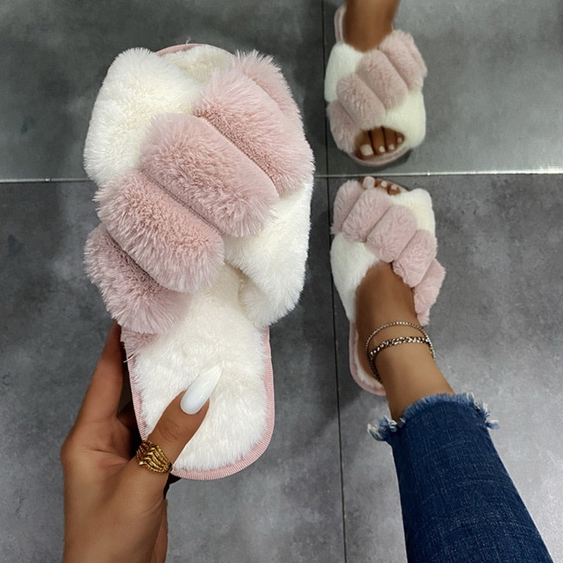 Furry Slippers Soft Plush Cross Faux Fur Shoes