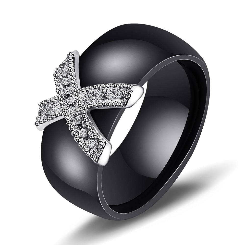 6mm White Black Ceramic Rings Plus Cubic Zirconia For Women