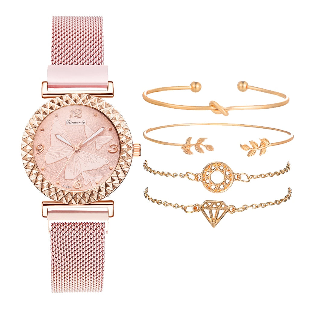 5PCS Women Set Luxury Rose Gold Dress Quartz Watch Bracelet