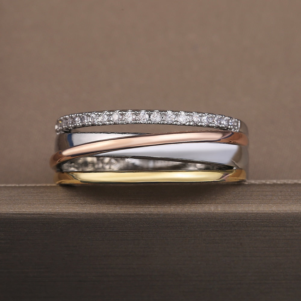 Huitan Fancy Cross Micro Paved CZ Stone Three Tone Cross Shine Ring