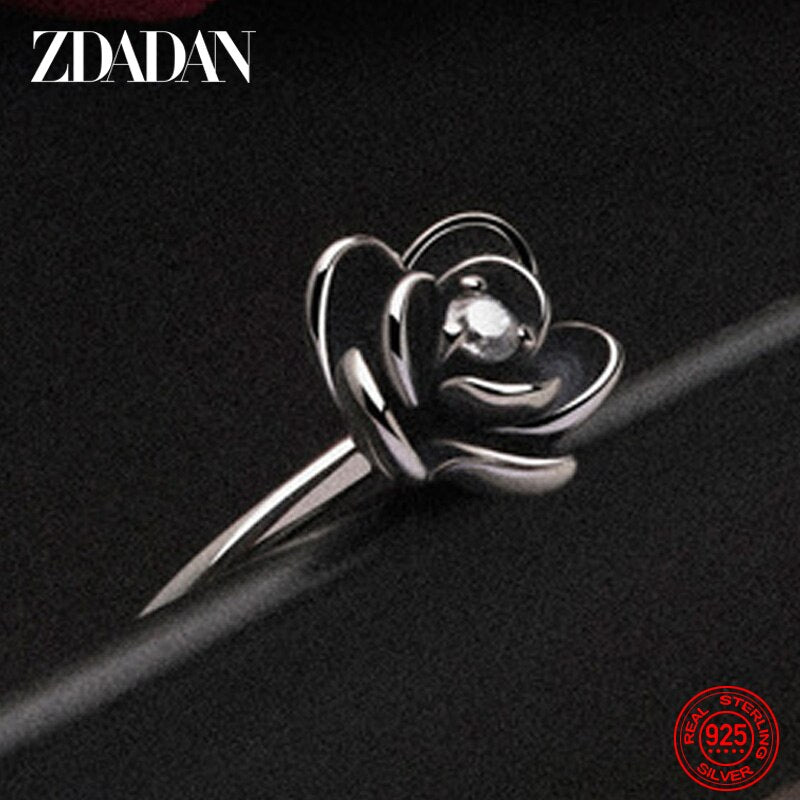 ZDADAN 925 Sterling Silver Charm Black Rose Flower Zircon Ring