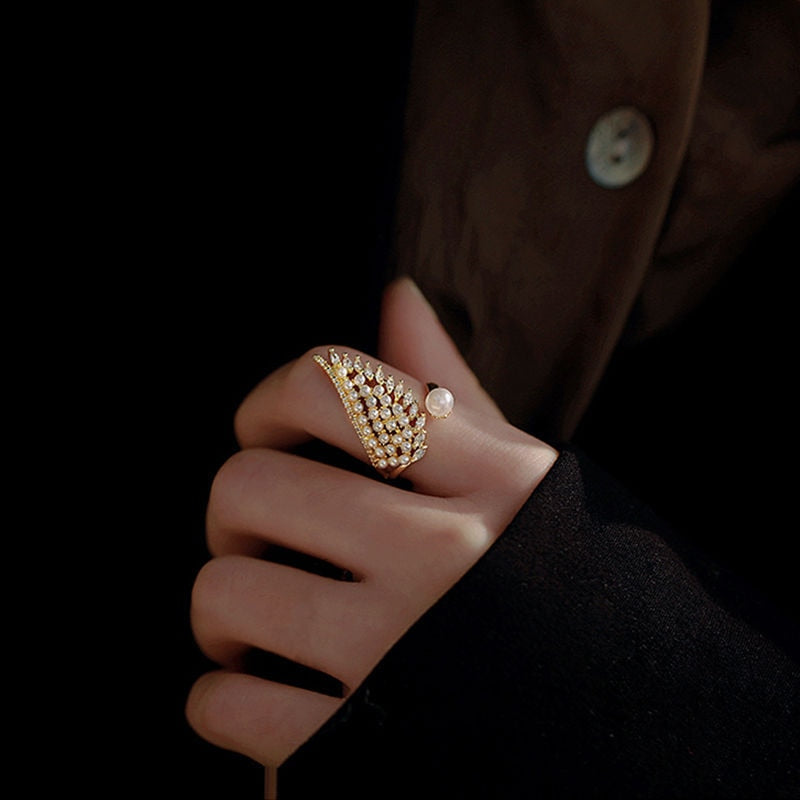 Luxury pearl zircon opening adjustable ring