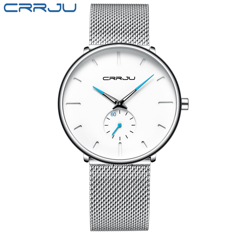 CRRJU Fashion Luxury Slim Mesh Steel Waterproof Mens Watch