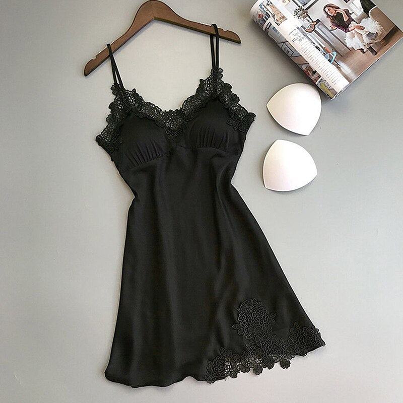 Women Nightgowns Satin Lace Sexy Lingerie Summer V-neck Sleeveless Night Dress Sleepwear Dress Chest Pad Nightgown