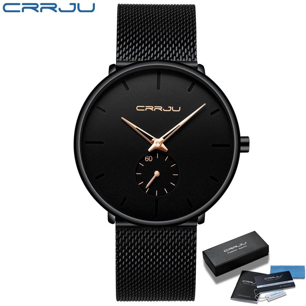 CRRJU Fashion Luxury Slim Mesh Steel Waterproof Mens Watch