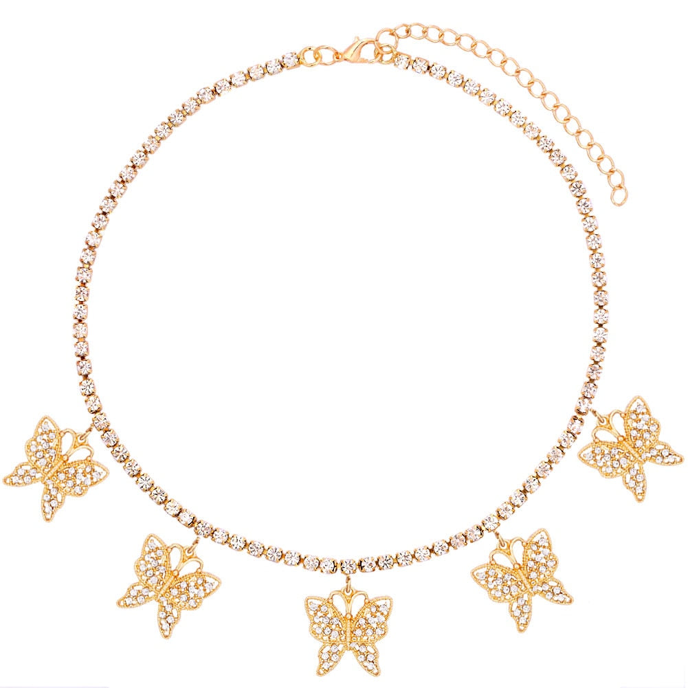 Gold Silver Color Butterfly Pendant Necklace Female Shiny Crystal Clavicle Chain Necklace