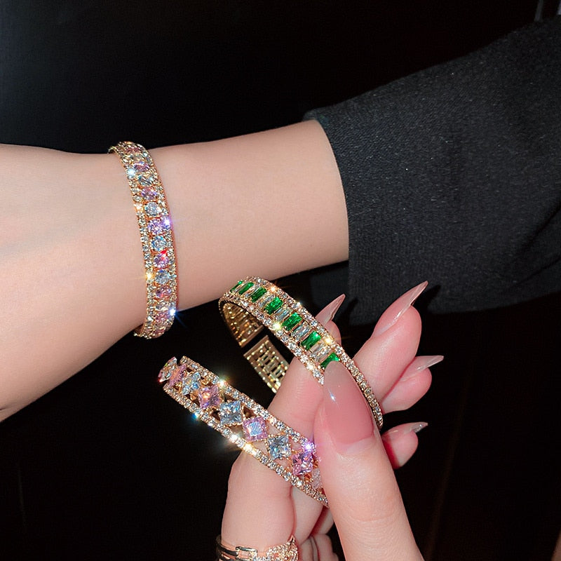 Geometric Zircon Bangles For Women Pink Green Crystal Cuff Bracelets